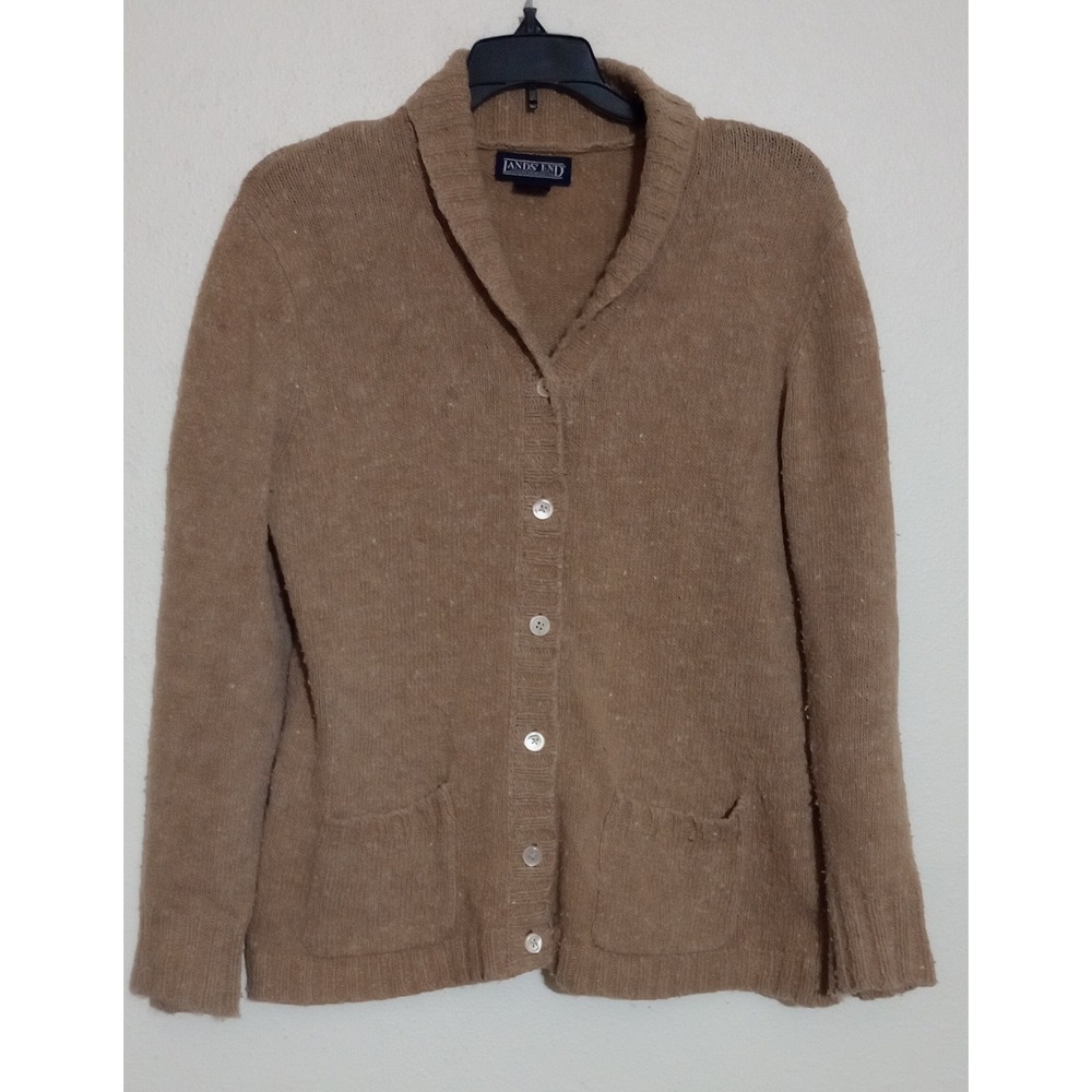 Lands End Womens Wool Blend Shawl Collar Cardigan Sweater Tan Brown Small 6-8
